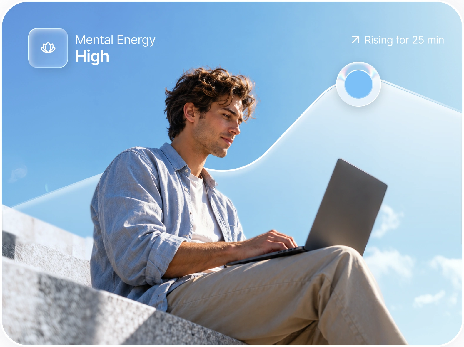 Advancify Mental Energy card showing High over a person working on a laptop outdoors