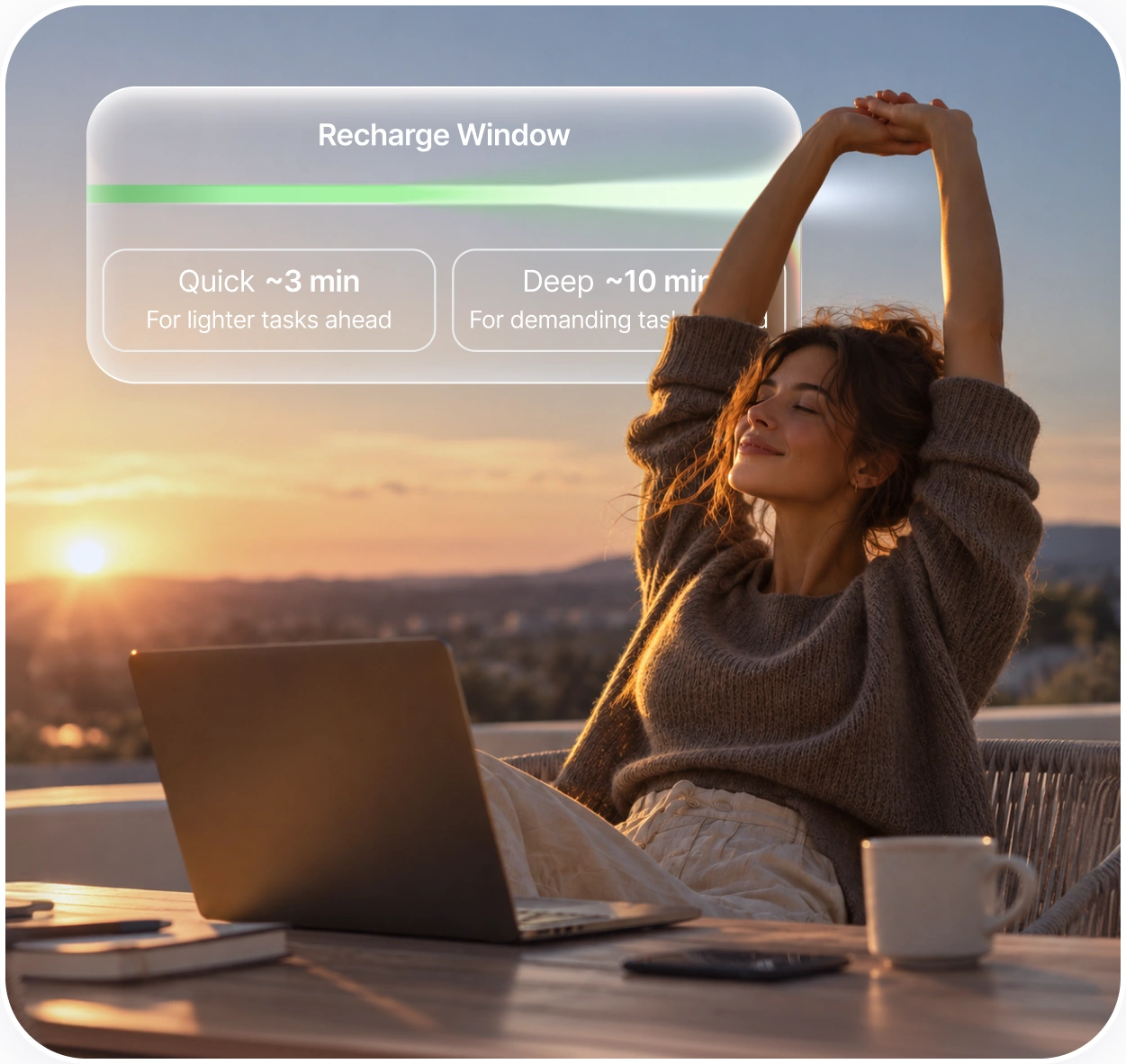 Advancify Recharge Window with quick and deep break options over a person stretching at a laptop
