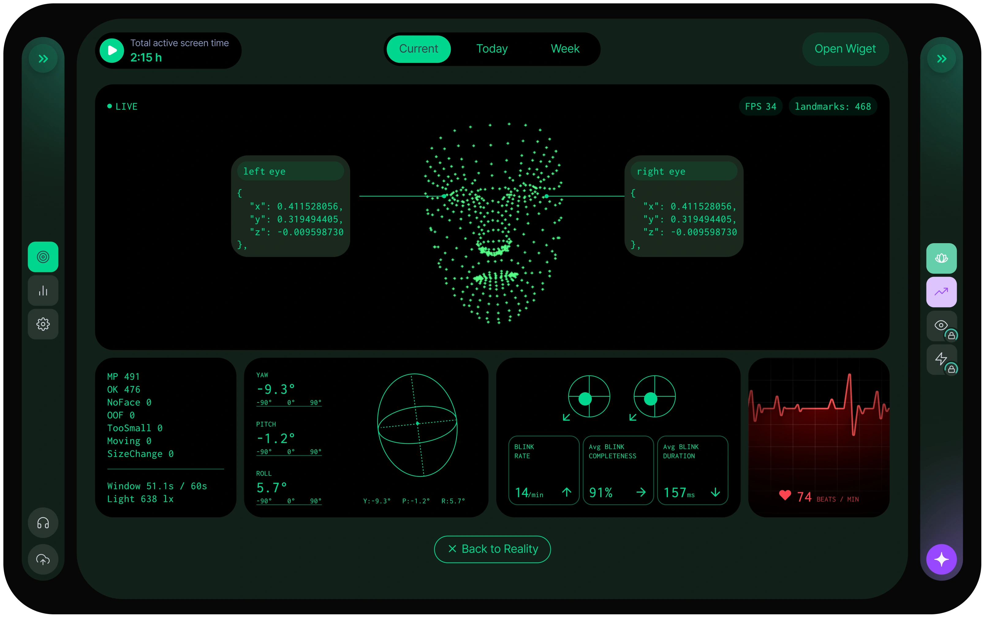 Advancify interface showing camera-derived landmarks and personalized metrics